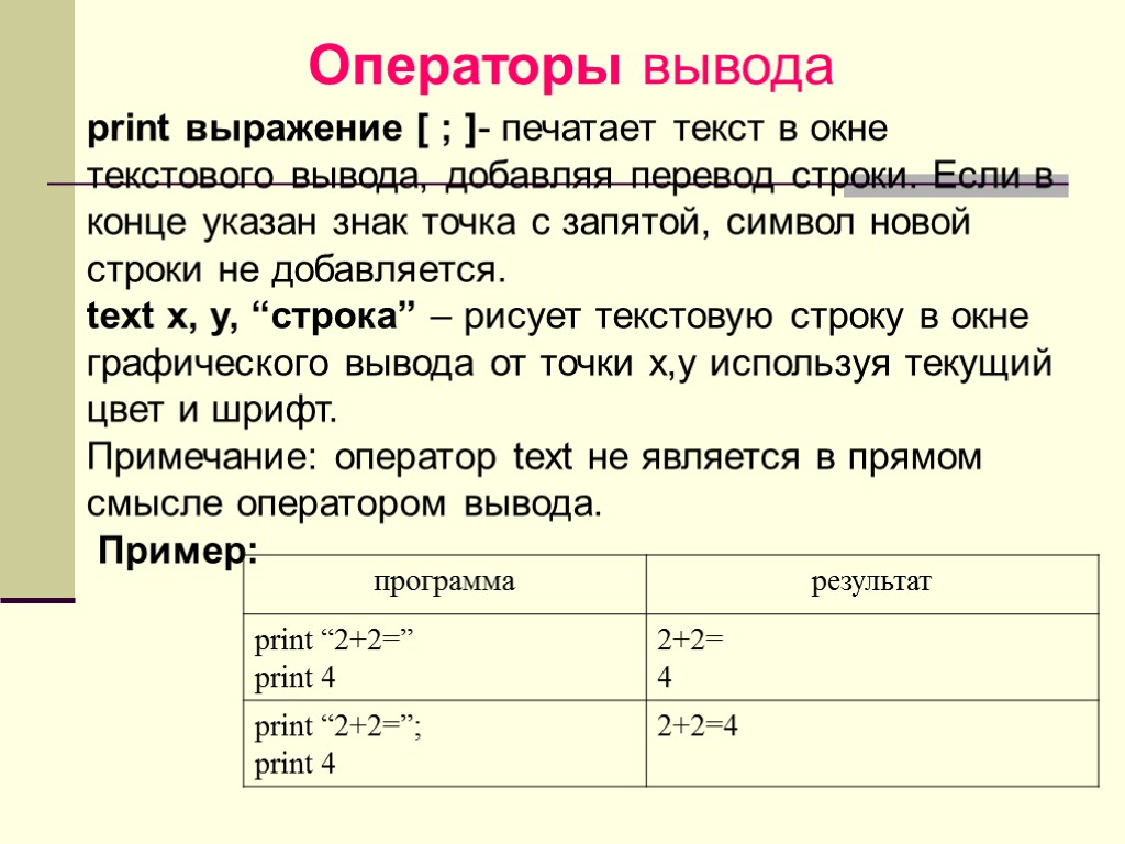 print выражение [ ; ]- печатает текст в окне текстового вывода, добавляя перевод строки.